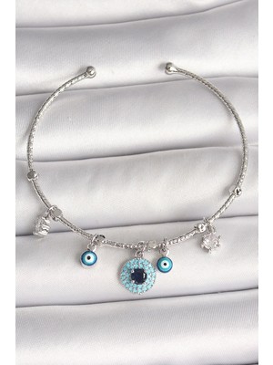 Vice Avm Pirinç Gümüş Renk Sallantı Zirkon Taşlı Nazar Boncuk Figür Charm Kadın Bileklik Vice-5353 EB-53-vice/(1395) 2855