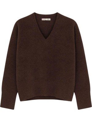 Mixray 6996 Kadın V Yaka Yumoş Triko Kazak Kahve