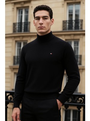 Comstar Erkek Trend Kışlık Yarım Boğazlı Siyah Triko Kazak