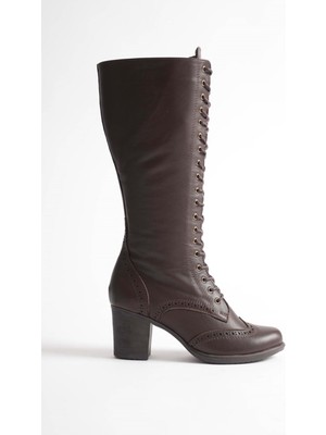 Analin Shoes Kadın Hakiki Deri Bağcıklı Topuklu Çizme - Kahve