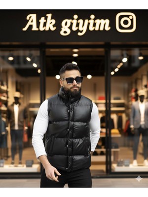 Casual Giyim Erkek Parlak Suni Deri Şişme Yelek Fermuarlı Cepsiz Kolsuz Mont