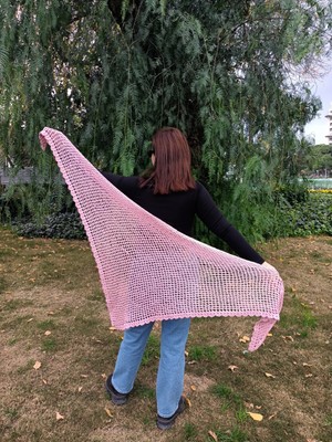 Yaso Shop Kadın Tığ Işi Üçgen Şal Pamuk Atkı Pembe Bordo