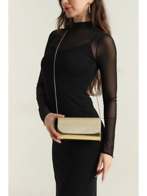 Clodi Kadın Gold Simli Taş Tasarımlı Mıknatıs Kapaklı Zincirli Portföy Gece Çantası ve Abiye Omuz Çantası