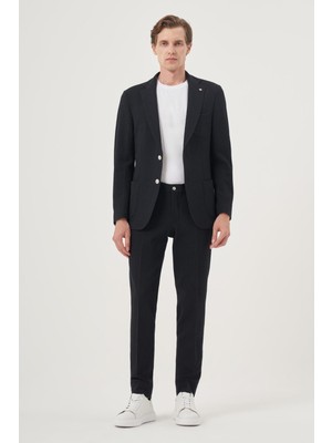 Morven Erkek Lacivert Poliviskon Trend Çizgili Slim Fit Mono Yaka Takım Elbise