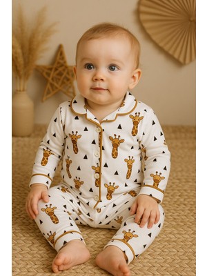 Aki Moda Kids Kız Erkek  Bebek Zürafa Baskılı, Düğmeli Üst & Alt Takım Pijama Takımı – Organik Pamuk