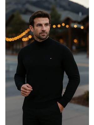 Comstar Erkek Basic Kışlık Yarım Boğazlı Uzun Siyah Kazak