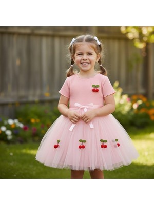 Kirazlı Tüllü Elbise 5y,6y,7y Kız