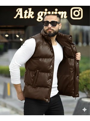 Casual Giyim Erkek Parlak Suni Deri Şişme Yelek Fermuarlı Cepsiz Kolsuz Mont