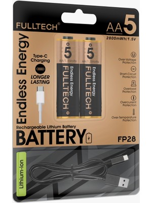 Fulltech USB Type-C Şarjlı Kalın Aa Pil 1.5V | 1000+ Kez Şarj Edilebilir Lityum Pil | Kalem Pil (2’li Paket)