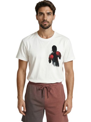 Color Luxe Gölge Boksörü ve Kırmızı Eldiven Silüet Baskılı Sporcu Tasarım Premium Erkek Tişört