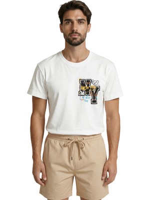 Color Luxe Ny New York Kolej Yazılı ve Renkli Graffiti Baskılı Streetwear Premium Erkek Tişört