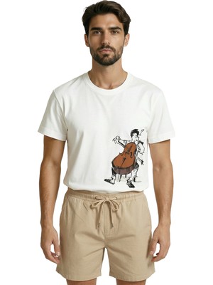 Color Luxe Sanatsal Çello Çalan Müzisyen Eskiz Baskılı Premium Erkek Tişört