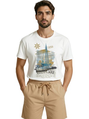 Color Luxe ''ocean Soul'' Yazılı ve Yelkenli Tekne Temalı Denizci Tasarım Premium Erkek Tişört