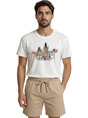Color Luxe Prag Şehir Manzarası ve Tarihi Kule Eskiz Baskılı Premium Erkek Tişört
