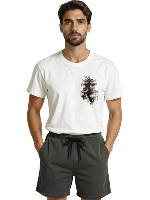 Color Luxe Mistik Uzak Doğu Pagoda ve Kırmızı Fenerler Baskılı Premium Erkek Tişört