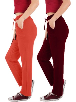 ASN Concept Kadın Viskon Kumaş 2'li Paket Bordo/nar Çiçeği  Eşofman Altı (Büyük Beden Seçeneğiyle)