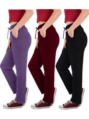 ASN Concept Kadın Viskon Kumaş 3'lü Paket Siyah/bordo/mor Eşofman Altı (Büyük Beden Seçeneğiyle)