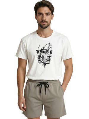 Color Luxe Sürrealist Parçalanmış Yüz ve Soyut Portre Eskiz Baskılı Premium Erkek Tişört