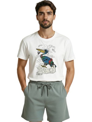 Color Luxe Graffiti Tarzı Pelikan ve Island Yazılı Renkli Sokak Sanatı Baskılı Premium Erkek Tişört