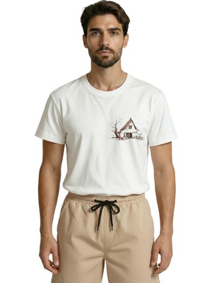 Color Luxe Minimalist Eskiz Köy Evi Baskılı Tasarım Premium Pamuk Erkek Tişört