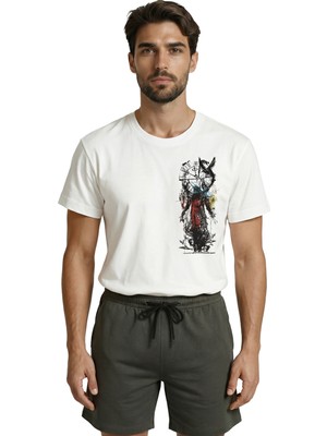 Color Luxe Zaman ve Kaos Temalı Sürrealist Saat ve Figür Eskiz Baskılı Premium Erkek Tişört
