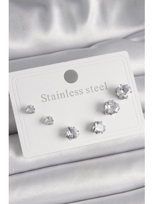 Vice Avm 316L Çelik Gümüş Renk Zirkon Taşlı Kalp Model Kadın Küpe Seti EB-53-vice/(1395) 3141