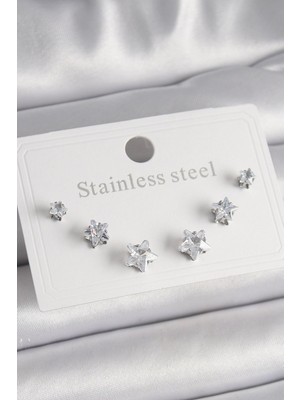 Vice Avm 316L Çelik Gümüş Renk Zirkon Taşlı Yıldız Model Kadın Küpe Seti EB-53-vice/(1395) 3143