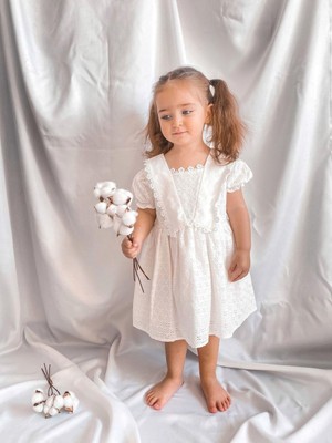 Magu Kız Çocuk Beyaz Dantelli Astarlı Pamuklu Vintage Elbise