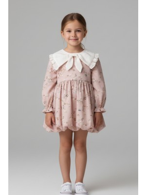 Magu Kız Çocuk Pamuklu Pudra Çiçek Desenli Elbise - Fırfır Yaka, Uzun Kollu, Fiyonk Detaylı