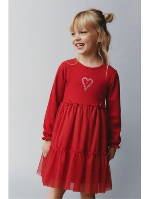 Magu Kız Çocuk Pamuklu Kırmızı Baston Şeker Kalp Desenli Tüllü Elbise - Fırfırlı Parıltılı Etek Detaylı