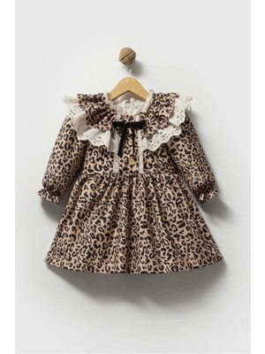 Magu Kız Çocuk Pamuklu Leopar Desenli Dantelli Elbise - Fırfır Yaka ve Kurdele Detaylı