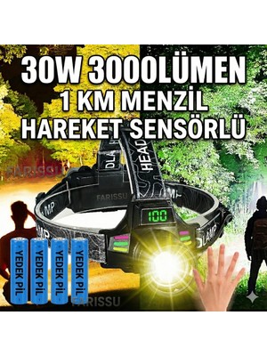212 Farissu Yedek Pilli  30W Sensörlü Kafa Lambası - Dijital Şarj Göstergeli, 3000 Lümen, Type-C Şarjlı Su Geçirmez