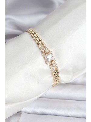 Prativas 14K Gold Renk Kaplama Zirkon Kare Taşlı cm Kadın Bileklik - PRT3500EB09598