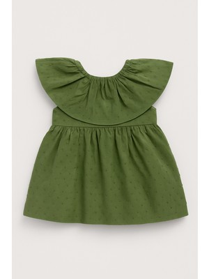 Magu Kız Çocuk Pamuklu Haki Jakarlı Fırfırlı Elbise - Yazlık Şık Model
