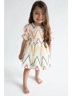 Magu Kız Çocuk Ekru Desenli Astarlı Pamuklu Elbise