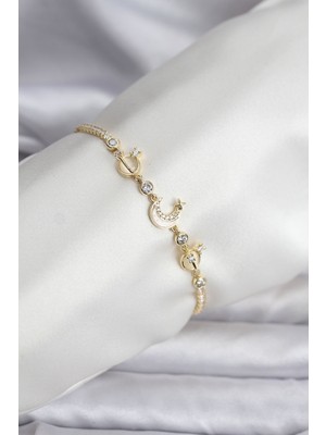 Tua Moda Charmlı Model Zirkon Taşlı Gold Renk Su Yolu Kadın Bileklik