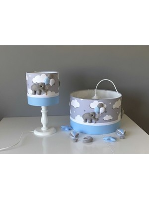 Empressco Gri ve Beyaz Şeritli Fil Figürlü Çocuk Odası Avize ve Abajur Seti