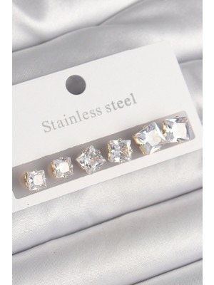 Vice Avm 316L Çelik Gold Renk Kare Zirkon Taş Model Kadın Küpe Seti EB-53-vice/(1395) 3146