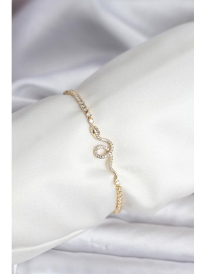 Prativas Yılan Model Zirkon Taşlı Gold Renk Pirinç Su Yolu Kadın Bileklik - PRT3500EB09584