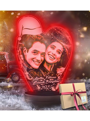 Empressco Kişiye Özel Noel Baba Şapkalı Kalp 3D LED Gece Lambası, Yılbaşı Hediyesi