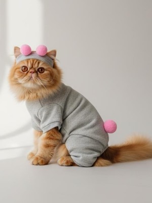 Kemique Ponpon Şeker Kedi Tulumu & Bere Takımı | Şardonlu Polar Kumaş | Tüy Dökülmesini Azaltır