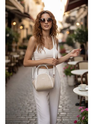 Class Bag Kadın Krem Hasır Dokulu Beyaz Kulp-Çizgi Detaylı Minimal El ve Omuz Çantası