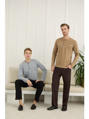 Nightlove Erkek Muz Yaka Uzun Kollu Pijama Takımı