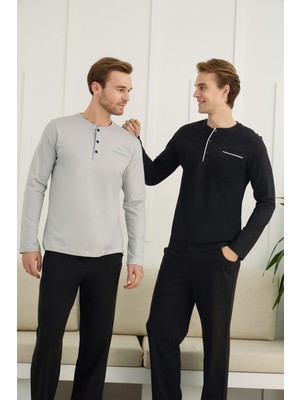 Nightlove Erkek Muz Yaka Uzun Kollu Pijama Takımı