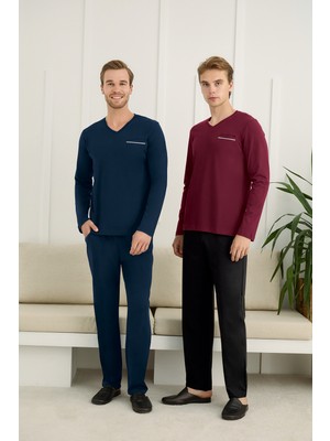 Nightlove Erkek V Yaka Uzun Kollu Pijama Takımı