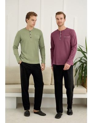 Nightlove Erkek Muz Yaka Uzun Kollu Pijama Takımı