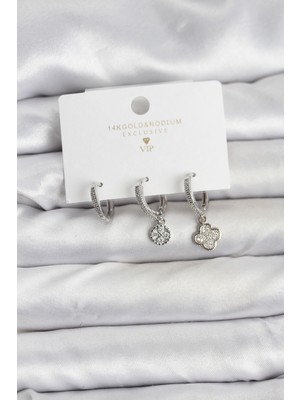 Mç Plus Pirinç Gümüş Renk Yonca Model 3'lü Kadın Küpe Seti