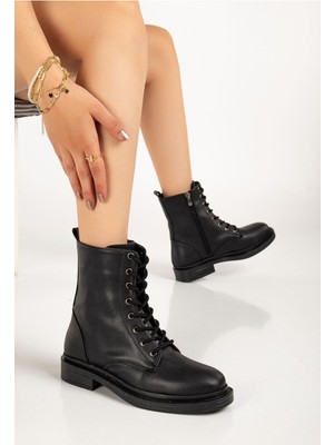 Zerenyus ZRİN-2289 Premium Siyah Bağcıklı Fermuarlı Günlük Kadın Bot