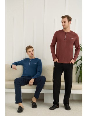 Nightlove Erkek Muz Yaka Uzun Kollu Pijama Takımı