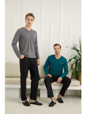 Nightlove Erkek V Yaka Uzun Kollu Pijama Takımı